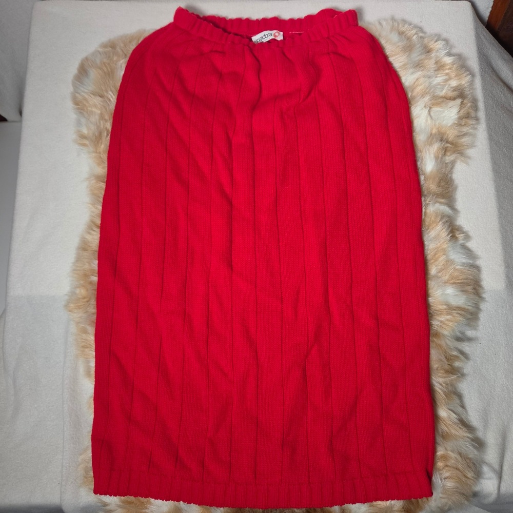 Vintage Pandora Red Ribbed Knit Midi Skirt Made in USA Womens Large